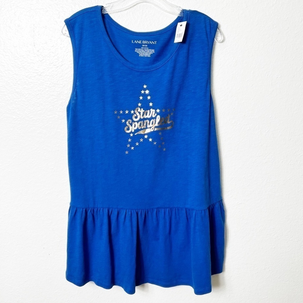 LANE BRYANT BLUE STAR SPANGLED WOMEN GRAPHIC TEE TANK TOP RUFFLE TUNIC 1…